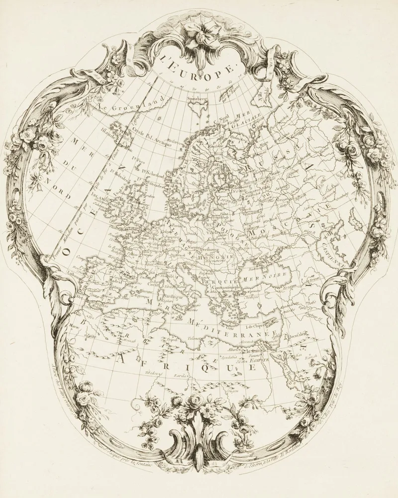 An antique engraved map of Europe, ornately bordered